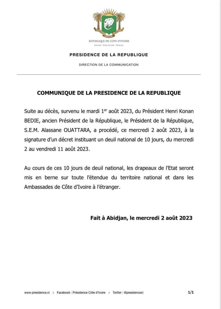 Décès d’Henri Konan Bédié : Alassane Ouattara décrète un deuil national de 10 jours