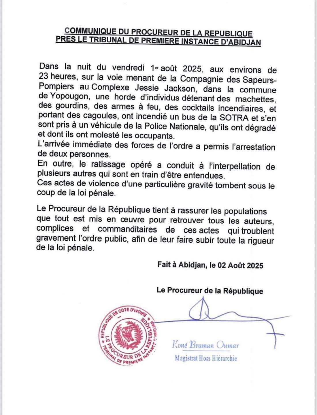 Violences à Yopougon : le Procureur de la République annonce l’ouverture d’une enquête après l’incendie d’un bus de la SOTRA