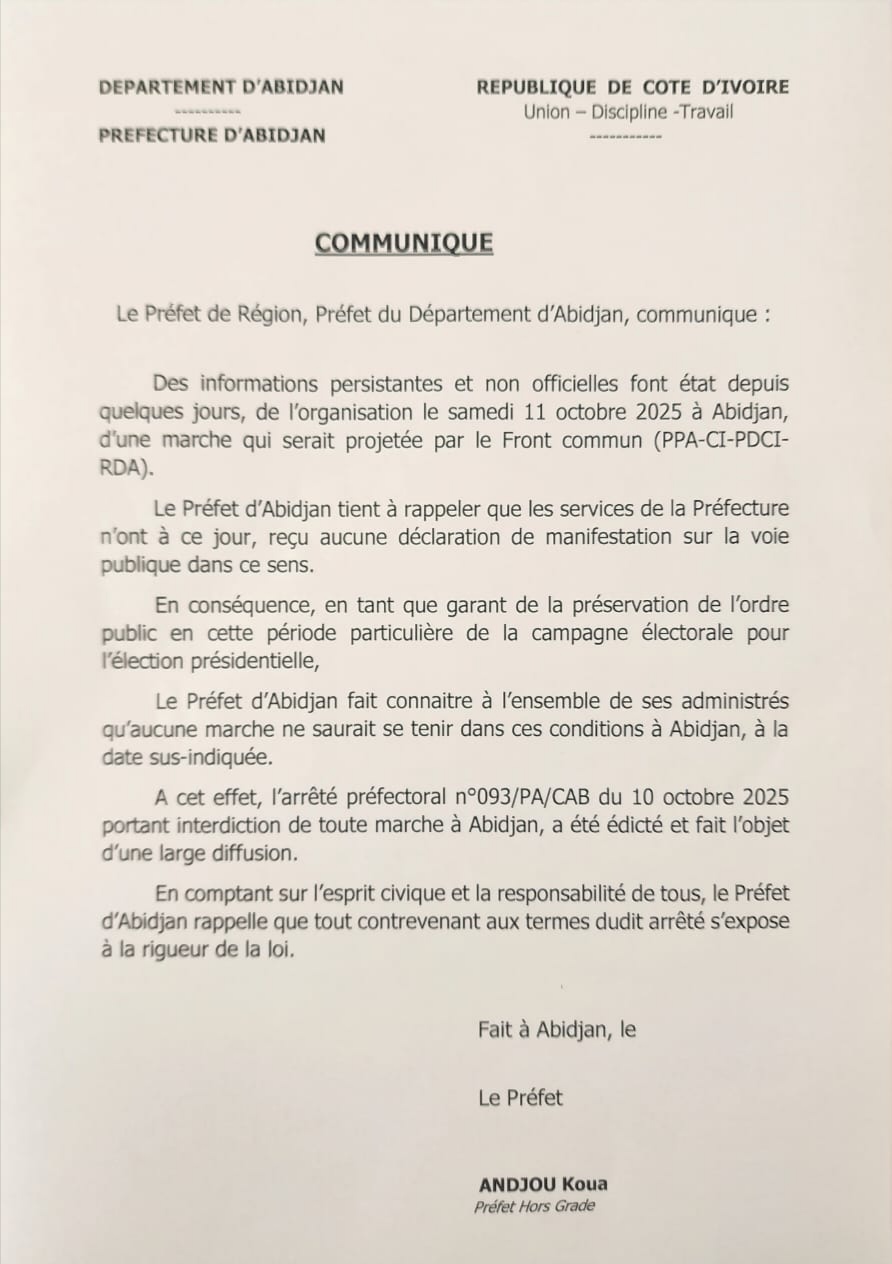 Abidjan : le préfet interdit toute marche projetée par le Front commun ce samedi 11 octobre 2025